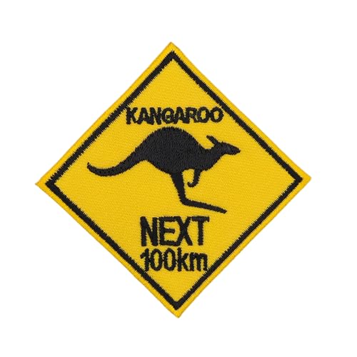 Australien Kangaroo Next 100 km Aufnäher zum aufbügeln oder aufnähen Bügelbild Aufbügler für Kleidung gestickter Bügelpatch Applikation Känguru Patch Größe 7,4 x 7,4 cm von BP BRAUNERT PATCHES