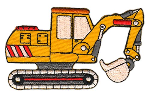 Bagger Gelb Baustelle Aufnäher zum aufbügeln oder aufnähen Bügelbild Aufbügler für Kleidung gestickter Bügelflicken Applikation Patch Größe 9,5 x 5,5 cm von BP BRAUNERT PATCHES