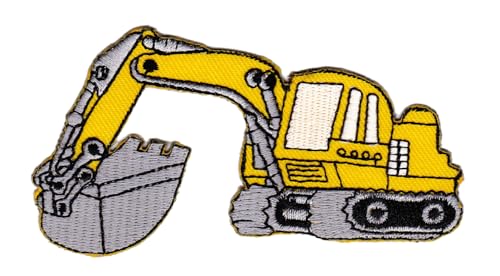 Bagger Gelb Baustelle Aufnäher zum aufbügeln oder aufnähen Bügelbild Aufbügler für Kleidung gestickter Bügelflicken Applikation Patch Größe 9,8 x 5,2 cm von BP BRAUNERT PATCHES