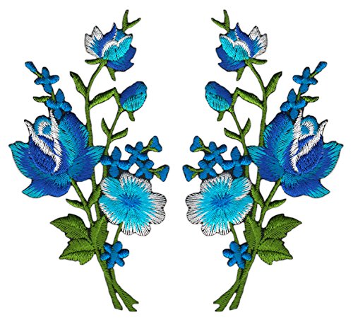 Blumen Set Blau 2 Stück Aufnäher zum aufbügeln oder aufnähen Bügelbild Aufbügler für Kleidung gestickter Bügelpatch Applikation Patch Größe einer Blume 5,5 x 11,0 cm von BP BRAUNERT PATCHES