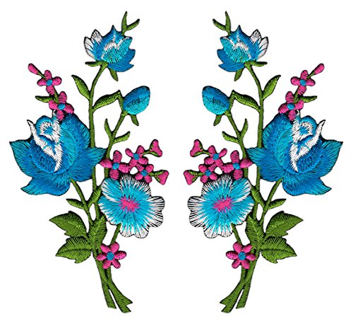 Blumen Set Blau Rosa 2 Stück Aufnäher zum aufbügeln oder aufnähen Bügelbild Aufbügler für Kleidung gestickter Bügelpatch Applikation Patch Größe einer Blume 5,5 x 11,0 cm von BP BRAUNERT PATCHES