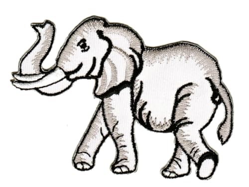 Elefant Weiß Grau Aufnäher zum aufbügeln oder aufnähen Bügelbild Aufbügler für Kleidung Bügelpatch Applikation Zoo Akrika Patch Größe 8,4 x 5,8 cm von BP BRAUNERT PATCHES