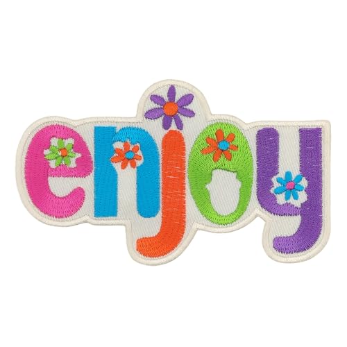 Enjoy Schriftzug Creme Weiß Aufnäher zum aufbügeln oder aufnähen Bügelbild Aufbügler für Kleidung gestickter Bügelpatch Applikation Blumen Patch Größe 10,8 x 6,4 cm von BP BRAUNERT PATCHES