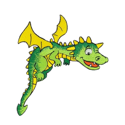 Fliegender Drache Grün Aufnäher zum aufbügeln oder aufnähen Bügelbild Kinder Bügelpatch Aufbügler für Kleidung gestickter Bügelflicken Applikation Patch Größe 8,5 x 9,6 cm von BP BRAUNERT PATCHES