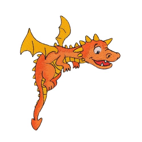 Fliegender Drache Orange Aufnäher zum aufbügeln oder aufnähen Bügelbild Kinder Bügelpatch Aufbügler für Kleidung gestickter Bügelflicken Applikation Patch Größe 8,5 x 9,6 cm von BP BRAUNERT PATCHES