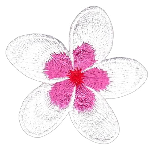 Frangipani Blüte Weiß Rosa Aufnäher zum aufbügeln oder aufnähen Bügelbild Blume Aufbügler für Kleidung gestickter Bügelflicken Blume Plumeria Applikation Patch Größe 6,5 x 6,5 cm von BP BRAUNERT PATCHES