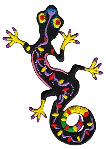 Gecko Schwarz Aufnäher zum aufbügeln oder aufnähen Bügelbild Aufbügler für Kleidung gestickter Bügelpatch Applikation Gekko Geko Salamander Echse Patch Größe 6 x 9,5 cm von BP BRAUNERT PATCHES