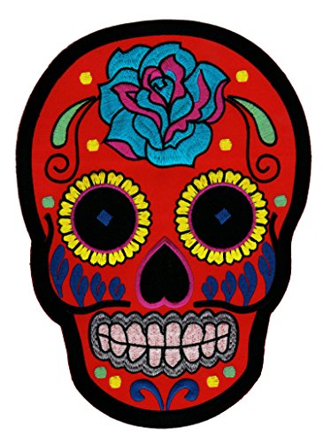 Großer Mexikanischer Schädel Aufnäher Rot – 20,2 x 15,4 cm – Gestickter Rückenpatch Bügelbild Kleidung Applikation XXL Flicken Patch Totenkopf Rose Día de los Muertos Backpatch – Hochwertige Stickerei von BP BRAUNERT PATCHES