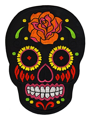 Großer Mexikanischer Schädel Aufnäher Schwarz – 20,2 x 15,4 cm – Gestickter Rückenpatch Bügelbild Kleidung Applikation Flicken Patch Totenkopf Rose Día de los Muertos Backpatch – Hochwertige Stickerei von BP BRAUNERT PATCHES