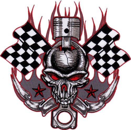 Großer Totenkopf Biker Rückenpatch – 20,4 x 20 cm – Gestickter Aufnäher Rückenaufnäher, Kolben Schwarz Weiß Karierte Flagge, Backpatch für Motorradjacken Kutten Lederwesten – Hochwertige Stickerei von BP BRAUNERT PATCHES