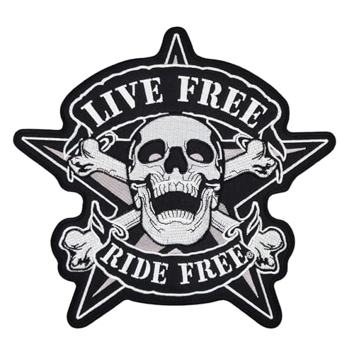 Großer Totenkopf Rückenpatch – 22,2 x 20,7 cm – Gestickter Aufnäher Biker Live Free Ride XXL Rückenaufnäher Schädel Stern Patch Backpatch für Motorradjacke Kutte Lederweste – Hochwertige Stickerei von BP BRAUNERT PATCHES