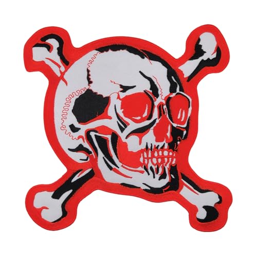 Großer Totenkopf Rückenpatch Rot Weiß – 19,8 x 19,7cm – Gestickter Aufnäher Biker, Rückenaufnäher XXL Schädel Knochen Flicken, Backpatch für Motorradjacken Kutten Lederwesten – Hochwertige Stickerei von BP BRAUNERT PATCHES