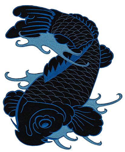 Großer japanischer Koi Karpfen Rückenpatch Blau – 18,7 x 23,2 cm – Gestickter Aufnäher für Biker XXL Flicken Rückenaufnäher Fisch Patch Backpatch Motorradjacke Kutte Lederweste – Hochwertige Stickerei von BP BRAUNERT PATCHES