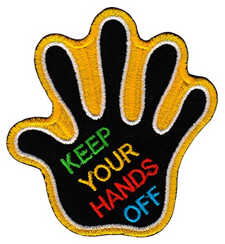 Hand Gelb Keep Your Hands Off Aufnäher zum aufbügeln oder aufnähen Bügelbild Aufbügler für Kleidung gestickter Bügelpatch Applikation Patch Größe 6,7 x 7,3 cm von BP BRAUNERT PATCHES