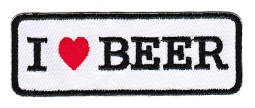 I Love Beer Herz Aufnäher zum aufbügeln oder aufnähen Bügelbild Aufbügler für Kleidung gestickter Bügelflicken Ich liebe Bier Applikation Patch Größe 7,3 x 2,3 cm von BP BRAUNERT PATCHES