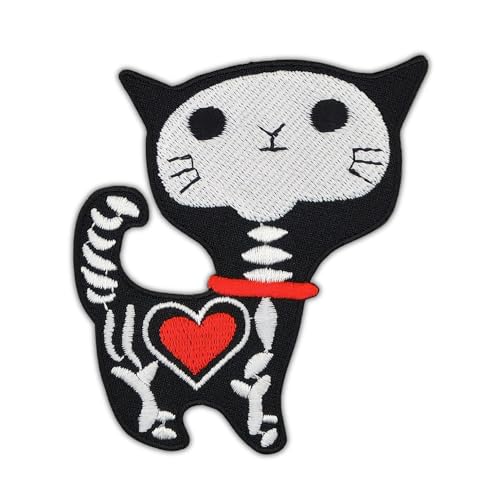 Katze Skelett Herz Aufnäher zum aufbügeln Bügelbild Aufbügler Bügelflicken ApplikationPatch Größe 6,9 x 8,2 cm von BP BRAUNERT PATCHES