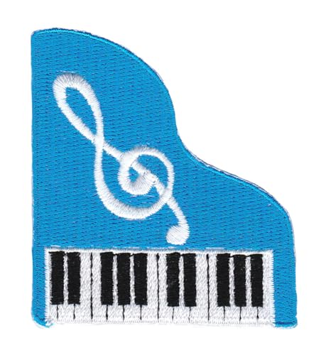 Klavier Blau Gestickt Aufnäher zum aufbügeln oder aufnähen Bügelbild Musik Notenschlüssel Aufbügler für Kleidung Bügelflicken Applikation Flügel Instrument Patch Größe 5,5 x 6,3 cm von BP BRAUNERT PATCHES