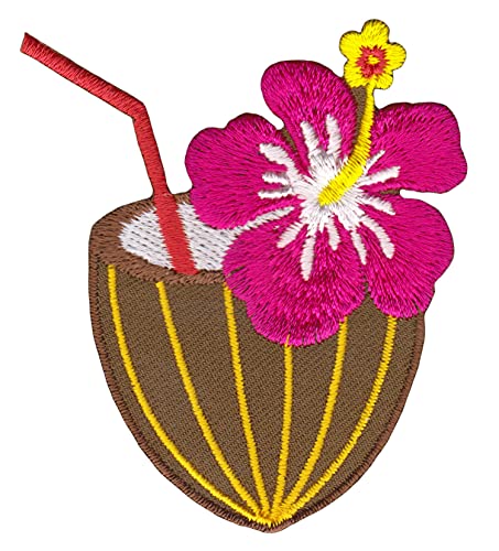 Kokosnuss Cocktail Hibiskus Blüte Aufnäher zum aufbügeln oder aufnähen Bügelbild Aufbügler für Kleidung gestickter Bügelpatch Applikation Patch Größe 6,2 x 6,9 cm von BP BRAUNERT PATCHES