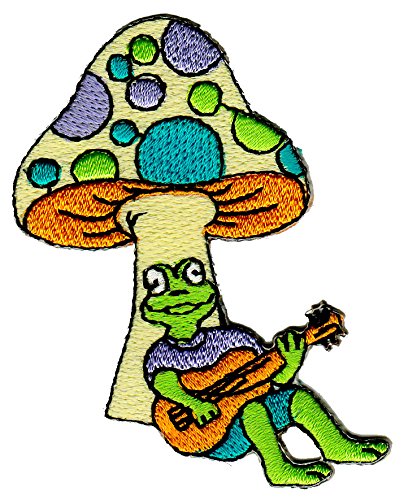 Pilz Frosch mit Gitarre Aufnäher zum aufbügeln oder aufnähen Bügelbild Aufbügler für Kleidung gestickter Bügelpatch Applikation Musik Patch Größe 7,0 x 5,8 cm von BP BRAUNERT PATCHES