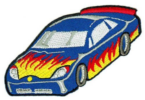 Rennauto Blau Aufnäher zum aufbügeln oder aufnähen Bügelbild Aufbügler für Kleidung gestickter Bügelflicken Applikation Sportwagen Auto Rennwagen Flammen Patch Größe 10 x 5,5 cm von BP BRAUNERT PATCHES