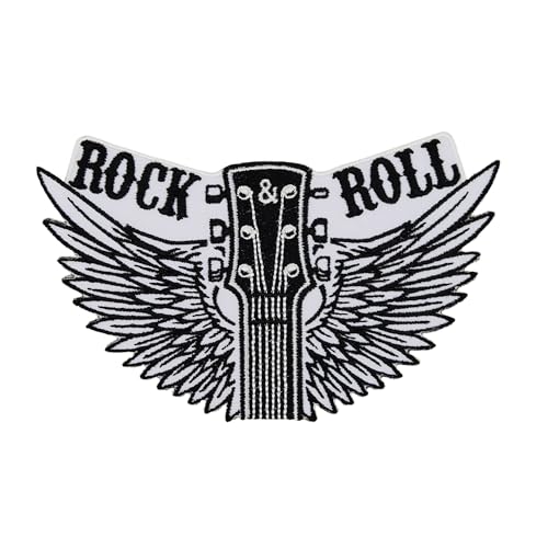 Rock N Roll Flügel Weiß Aufnäher zum aufbügeln Bügelbild Aufbügler Bügelflicken Applikation Musik Gitarre Patch Größe 12,2 x 7,6 cm von BP BRAUNERT PATCHES