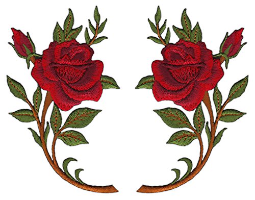 Rose Rot 2 Stück Aufnäher zum aufbügeln oder aufnähen Bügelbild Aufbügler für Kleidung gestickter Bügelflicken Blumen Applikation Patch Größe einer Rose 6,3 x 10,6 cm von BP BRAUNERT PATCHES