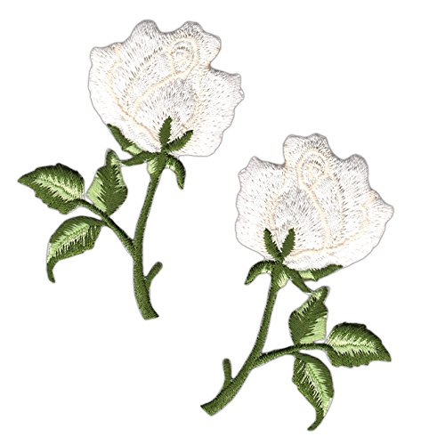 Rose Weiß 2 Stück Aufnäher zum aufbügeln oder aufnähen Bügelbild Aufbügler für Kleidung gestickter Bügelflicken Blumen Applikation Patch Größe einer Rose 4,5 x 7,2 cm von BP BRAUNERT PATCHES