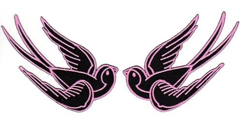 Schwalbe Schwarz Rosa Set 2 Stück Aufnäher zum aufbügeln oder aufnähen Bügelbild Aufbügler für Kleidung gestickter Bügelpatch Applikation Rockabilly Vogel Patch Größe einer Schwalbe 10 x 5 cm von BP BRAUNERT PATCHES