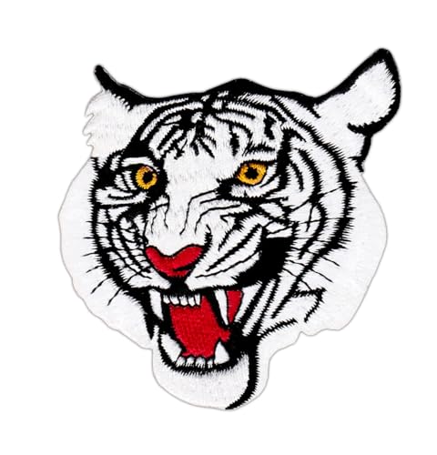 Tiger Kopf Weiß Aufnäher zum aufbügeln oder aufnähen Bügelbild Aufbügler für Kleidung gestickter Bügelpatch Applikation Patch Größe 8,0 x 8,5 cm von BP BRAUNERT PATCHES