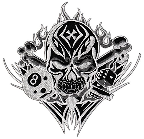 Großer Totenkopf Rückenpatch Weiß – 21,4 x 21,2 cm – Gestickter Aufnäher Rückenaufnäher 8 Ball Würfel Flammen Kreuz Patch Backpatch für Motorradjacken Kutten Lederwesten – Hochwertige Stickerei von BP BRAUNERT PATCHES