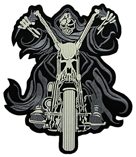 Totenkopf Biker Rückenaufnäher XXL Backpatch Groß Aufnäher zum aufbügeln oder aufnähen für Kutte Jacke Weste Bügelbild Sensenmann Skelett Motorrad Rider Patch Größe 21,5 x 25,5 cm von BP BRAUNERT PATCHES