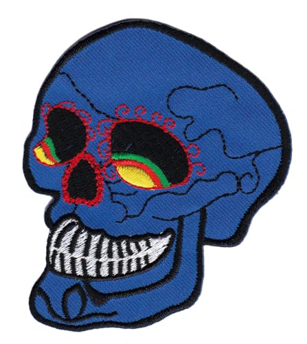 Totenkopf Blau Aufnäher zum aufbügeln aufnähen Bügelbild Aufbügler für Kleidung gestickter Bügelflicken Applikation Schädel Patch Größe 7,2 x 8,5 cm von BP BRAUNERT PATCHES