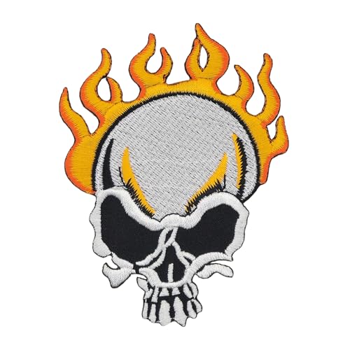 Totenkopf Flammen Feuer Aufnäher zum aufbügeln oder aufnähen Bügelbild Aufbügler Bügelflicken Applikation Flicken Biker Patch Erwachsene Größe 7,4 x 9,8 cm von BP BRAUNERT PATCHES