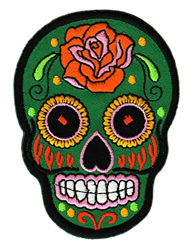 Totenkopf Grün Rose Aufnäher zum aufbügeln aufnähen Bügelbild Aufbügler für Kleidung gestickter Bügelflicken Mexiko Applikation Mexikanischer Schädel Skull Día de los Muertos Patch Größe 6,6 x 9 cm von BP BRAUNERT PATCHES