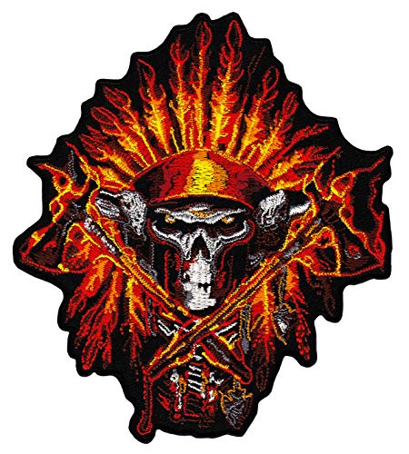 Totenkopf Indianer Federn Feuer Flammen Aufnäher zum aufbügeln oder aufnähen Bügelbild Aufbügler für Kleidung gestickter Bügelpatch Applikation Schädel Patch Größe 10 x 11,5 cm von BP BRAUNERT PATCHES