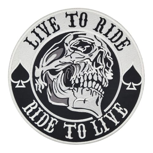 Großer LIVE TO RIDE Rückenpatch – 22,6 x 22,6 cm – Gestickter Aufnäher für Biker, XXL Rückenaufnäher, Schädel Totenkopf Patch Pik Backpatch Motorradjacken Kutten Lederwesten – Hochwertige Stickerei von BP BRAUNERT PATCHES