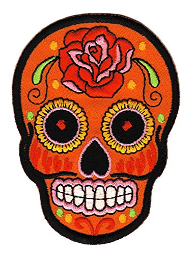 Totenkopf Orange Rose Aufnäher zum aufbügeln aufnähen Bügelbild Aufbügler für Kleidung gestickter Bügelflicken Mexiko Applikation Mexikanischer Schädel Skull Día de los Muertos Patch Größe 6,6 x 9 cm von BP BRAUNERT PATCHES