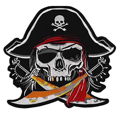 Großer Pirat Rückenpatch – 23,3 x 21,5 cm – Gestickter Aufnäher Biker Kutte Weste Jacke XXL Rückenaufnäher Säbel Hut Augenklappe Patch Backpatch Kostüm Fasching Karneval – Hochwertige Stickerei von BP BRAUNERT PATCHES