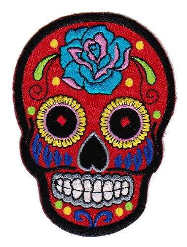 Totenkopf Rot Rose Aufnäher zum aufbügeln aufnähen Bügelbild Aufbügler für Kleidung gestickter Bügelflicken Mexiko Applikation Mexikanischer Schädel Skull Día de los Muertos Patch Größe 6,6 x 9 cm von BP BRAUNERT PATCHES