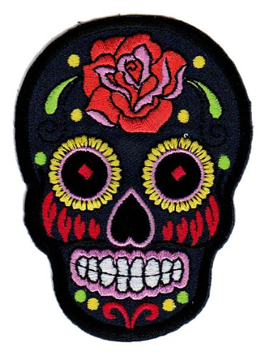 Totenkopf Schwarz Rose Aufnäher zum aufbügeln aufnähen Bügelbild Aufbügler für Kleidung gestickter Bügelflicken Mexiko Applikation Mexikanischer Schädel Skull Día de los Muertos Patch Größe 6,6 x 9 cm von BP BRAUNERT PATCHES