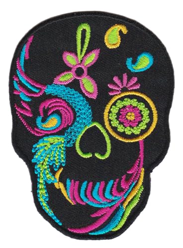 Totenkopf Schwarz Bunt Aufnäher zum aufbügeln aufnähen Bügelbild Aufbügler für Kleidung gestickter Bügelflicken Mexiko Applikation Mexikanischer Schädel Día de los Muertos Patch Größe 6,4 x 8,8 cm von BP BRAUNERT PATCHES