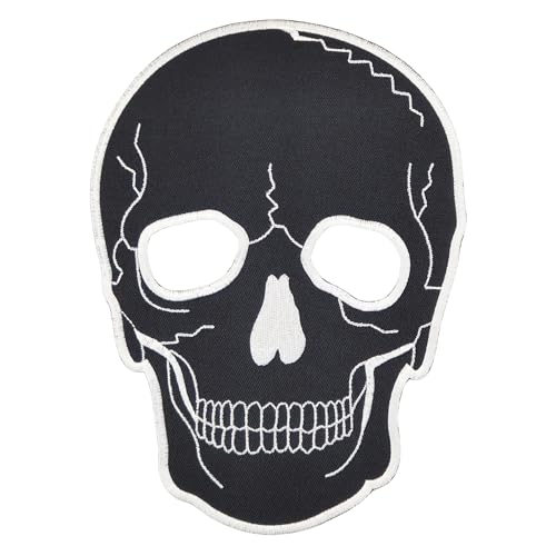 Großer Totenkopf Rückenpatch Schwarz – 15,3 x 20,8 cm – Gestickter Aufnäher Biker, XXL Rückenaufnäher, Schädel Patch Backpatch für Motorradjacken Kutten Lederwesten – Hochwertige Stickerei von BP BRAUNERT PATCHES