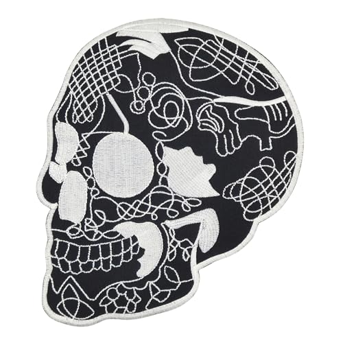 Großer Totenkopf Rückenpatch Schwarz – 17,3 x 19,6 cm – Gestickter Aufnäher Biker, XXL Rückenaufnäher, Schädel Patch Backpatch für Motorradjacken Kutten Lederwesten – Hochwertige Stickerei von BP BRAUNERT PATCHES