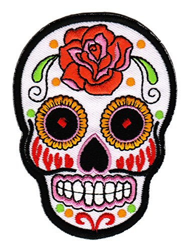 Totenkopf Weiß Rose Aufnäher zum aufbügeln aufnähen Bügelbild Aufbügler für Kleidung gestickter Bügelflicken Mexiko Applikation Mexikanischer Schädel Skull Día de los Muertos Patch Größe 6,6 x 9 cm von BP BRAUNERT PATCHES