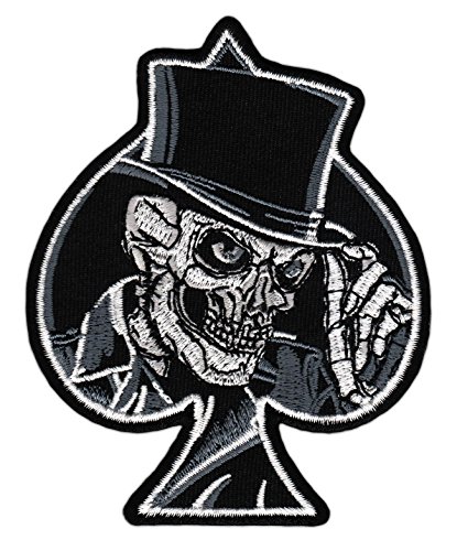 Totenkopf Zylinder Hut Pik Aufnäher zum aufbügeln oder aufnähen Bügelbild Aufbügler für Kleidung gestickter Bügelpatch Applikation Biker Kutte Patch Größe 8,4 x 10,4 cm von BP BRAUNERT PATCHES