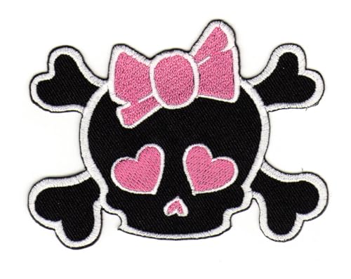 Totenkopf mit Rosa Schleife Aufnäher zum aufbügeln Bügelbild Aufbügler Bügelflicken Applikation Herz Patch Größe 8 x 7 cm von BP BRAUNERT PATCHES