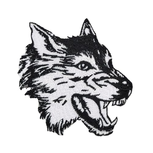 Wolf Kopf Schwarz Weiß Aufnäher zum aufbügeln Bügelbild Aufbügler Bügelflicken Hund Patch Größe 7,7 x 7,8 cm von BP BRAUNERT PATCHES