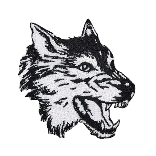 Wolf Kopf Schwarz Weiß Aufnäher zum aufbügeln oder aufnähen Bügelbild Aufbügler für Kleidung gestickter Bügelpatch Applikation Hund Patch Größe 7,7 x 7,8 cm von BP BRAUNERT PATCHES