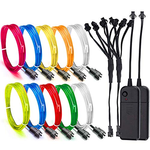 cuzile Aria EL Draht Neon-Lichter-Set, 2 Stück, 8 Farben mit Batterie-Box für Partys, Schwarzlichtrauf, Ostern, Halloween, DIY-Dekoration, 5 x 1 Meter, Rot Blau Grün Pink Weiß Lila Gelb Orange RGB von BPLIVES