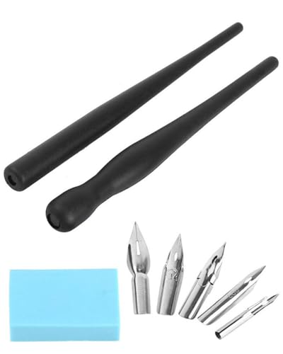 BPTRKOM 1set Schreibfeder Kalligraphie Set - 2 Manga Federhalter Stift Haltern Mit 5 Federn 1 Radiergummi Dip Pen Set Für Karikaturisten Künstler Anfänger(Schwarz) von BPTRKOM